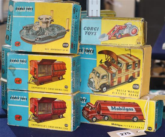 Corgi Major toys - Chipperfields Circus animal cage 1123 (2), H.D.L. Hovercraft 1119, Decca Mobile Airfield Radar 1106, Mobilgas Petro